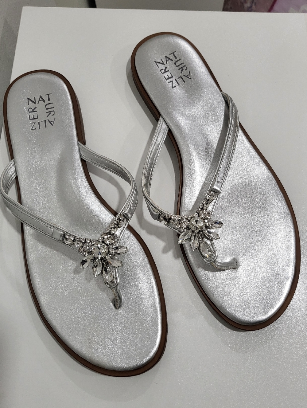 Naturalizer Liliana Silver Embellished Thong Sandals - Size 11